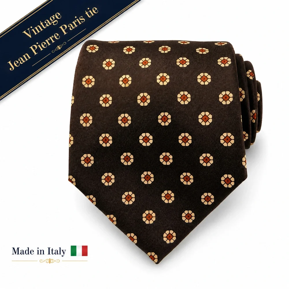 Vintage Jean Pierre Paris 100% Silk Tie Brown Medallion Italy 80s 90s 3